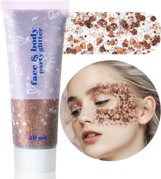 MEICOLY Brown Body Glitter,Deer Maroon Face Glitter Gel,Mermaid Sequins Halloween Glitter Face Paint,Chunky Glitter for Face Body Eye Lip Hair,Glitter Makeup for Women and Kids