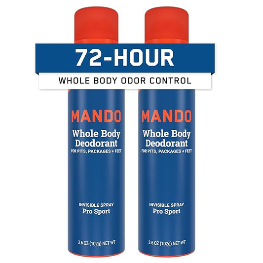 Mando Whole Body Deodorant For Men - Invisible Spray Deodorant - 72 Hour Odor Control - Low Irritation Formula - Aluminum Free, Benzene Free - 3.6 ounce Cans (Pack of 2) - Pro Sport