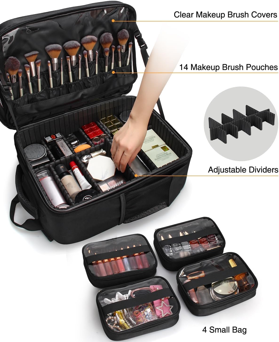 Makeup Backpack Makeup Artist Bag Professional Extra Large Cosmetic Bags Travel Train Case Storage Organizer Double-Layer Cosmetic Case with 4 Pouch and Brush Organizer (Black, two piece)