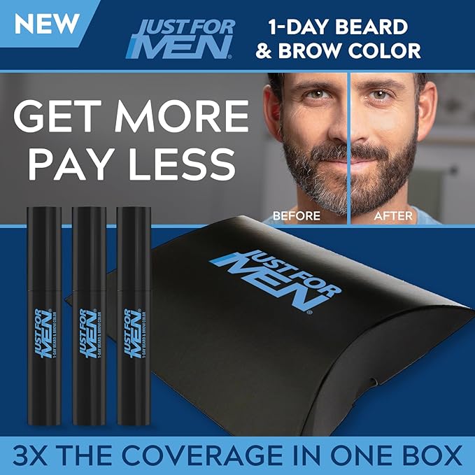 Just for Men 1-Day Beard & Brow Color, Temporary Color for Beard and Eyebrows, For a Fuller, Well-Defined Look, Up to 30 Applications, Medium Brown, Ships in Eco-Friendly Packaging (Pack of 3)