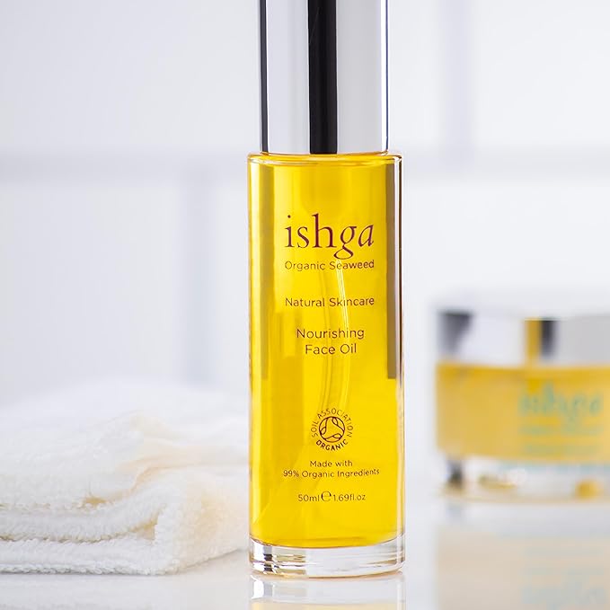 Ishga Organic Nourishing Face Oil | Scottish Seaweed, Jojoba, Almond Oil, Rose Geranium | Vegan, Cruelty-Free | 1.69fl oz (50ml)