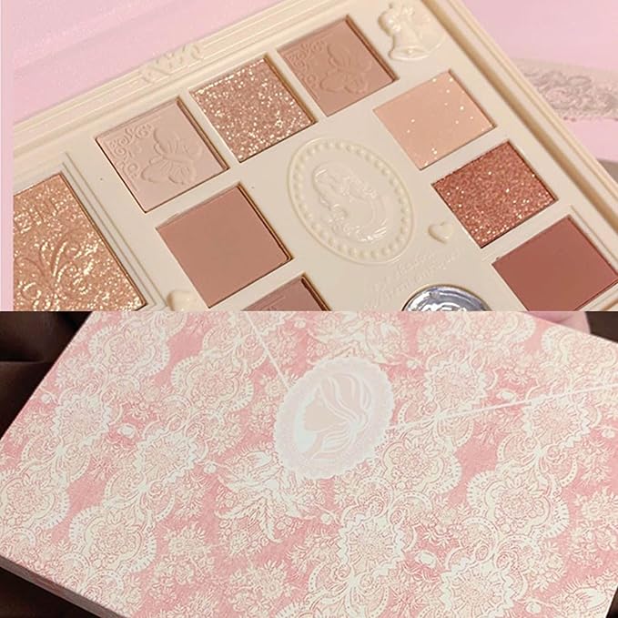 Lace 12 Color Eyeshadow Palette, Blendable Shimmer and Matte Nudes Shades, All In One Makeup Blush Highlighter, Pink