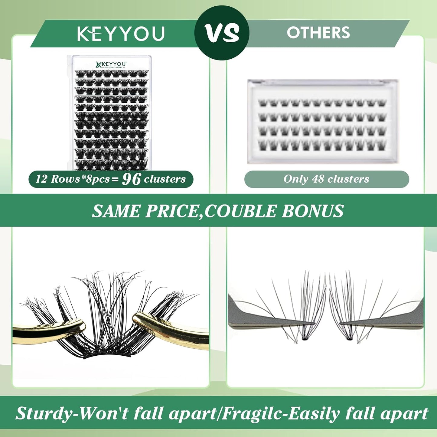 Lash Clusters 96pcs Eyelash Clusters D Curl 12mm Cluster Lashes KEYYOU Volume Wispy Lash Extension Soft&Comfortable Easy DIY at Home(Y24,D-12mm)