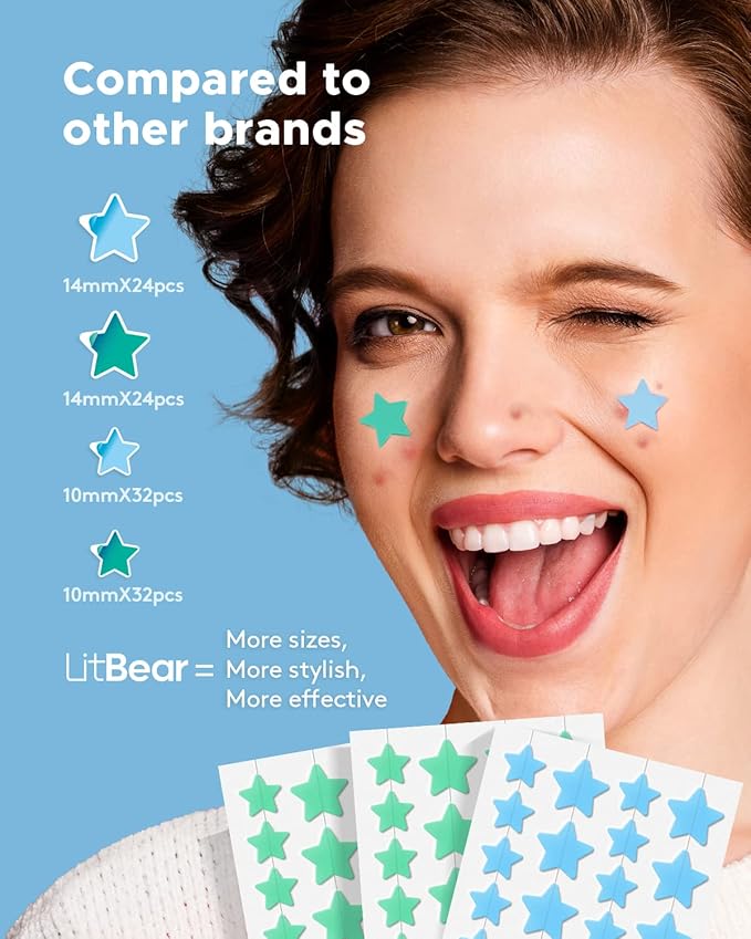 LitBaer Star-Shaped Pimple Patch Hydrocolloid Acne Stickers with Tea Tree Oil + Salicylic Acid, Cover Dot for Acne Blemish, Pimples, Whiteheads, Zit, Draw out Oil & Impurities, 112 Dots, 14mm & 10mm