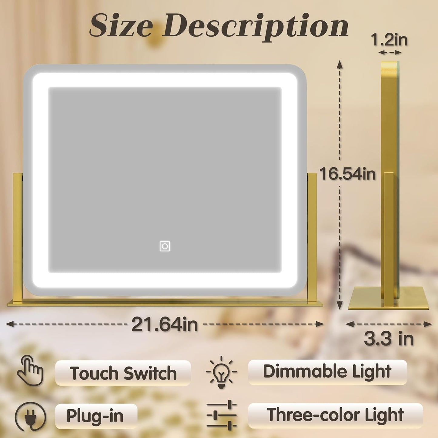 Gold Vanity Mirror with Lights - Smart Touch Dimming, 3-Color Lighting, 360° Rotatable Desktop Makeup Mirror for Desk, 22"x17"