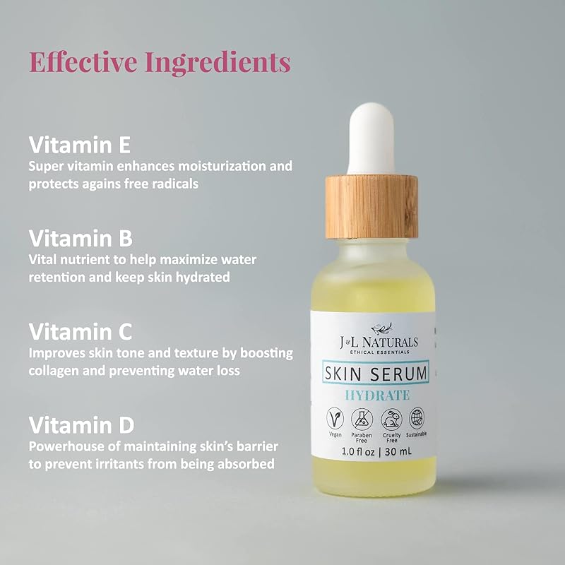 J&L Naturals | Face & Body Oil for Oily, Sensitive, Dry, Combination, Mature, & Dull Skin Types | With Jojoba Oil, Grapeseed Oil, Sunflower Oil, & More (1 Fl Oz (Pack of 1), Hydrate (dry))