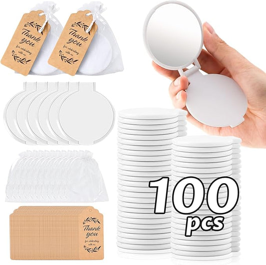 100 Pcs Compact Mirror Bulk Round Makeup Mirror for Purse Gifts Mini Round Folding Mirrors Vintage Travel Mirror Portable Makeup Pocket Mirror Small Purse Mirror with Tag and Organza Bag for Women