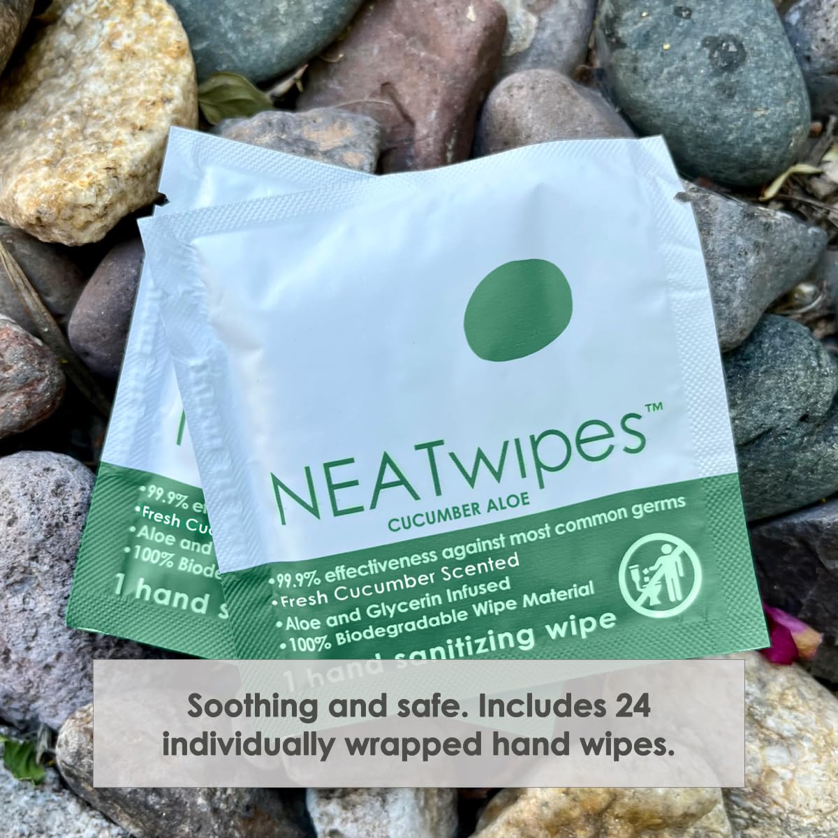 NEATwipes Hand Sanitizing Wipes | Travel Size | Disposable Wet Wipe & Biodegradable | Cucumber Aloe Essential Oil | Soothing Aloe & Glycerin | 24 Individually Wrapped Wipes
