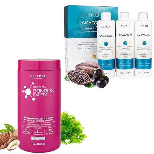 Amazonliss Keratin Hair Treatment Set 8.45 Fl Oz + Brazilian Bondox Hair Treatment Masks 33.8 Fl Oz – Smooths, Softens, Moisturizes, Adds Shine, Reduces Frizz, Deep Repair with Collagen and Almond Oil