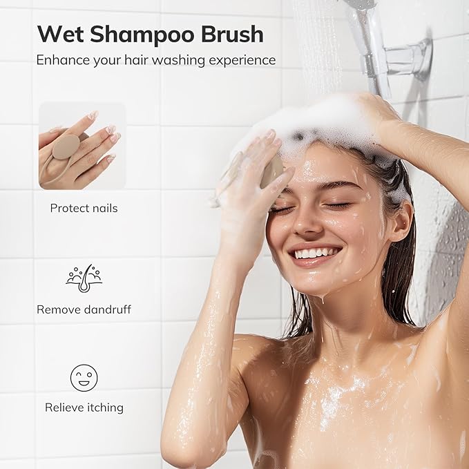 Sndyi Silicone Scalp Massager Shampoo Brush, Hair Scrubber with Soft Silicone Bristles, Scalp Scrubber/Exfoliator for Dandruff Removal, Wet Dry Scalp Brush for Hair Growth & Scalp Care, Khaki