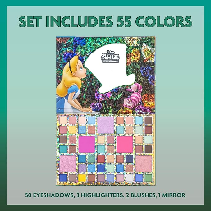 Alice in Wonderland 55 Well Eye Shadow Palette with Mirror, Makeup for Girls and Teens, Shimmery and Matte Colors, by Townley Girl