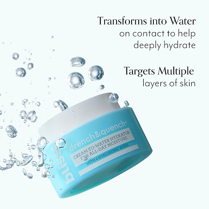 Bliss Drench & Quench Hyaluronic Acid Moisturizer | Cream to Water Face Cream| Deep Hydration, Plumps Skin | Clean Vegan & Cruelty Free 1.7 fl oz