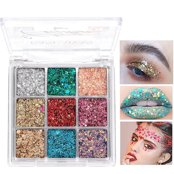 Glitter Eyeshadow Palette - Shimmer Purple Pink Blue Colorful Eyeshadow, Lip Face Eye Glitter Makeup - Lasting Waterproof High Pigmented Eye Shadow for Girl Women
