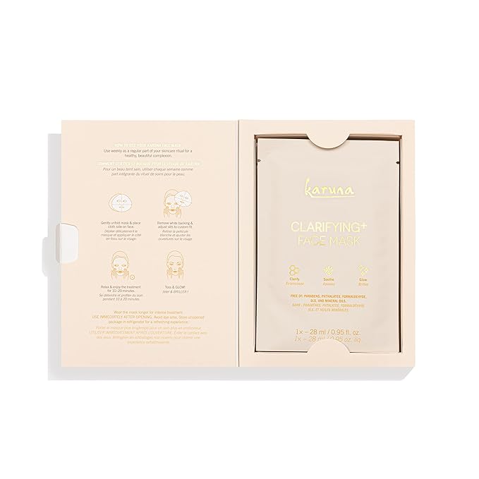Karuna Skin - Clarifying+ Sheet Masks for Clear Skin, Moisturizing & Hydrating Face Masks Skincare, Sheet Mask with Honey, Salicylic Acid & Burdock Root, 4 Face Mask Sheets per Pack