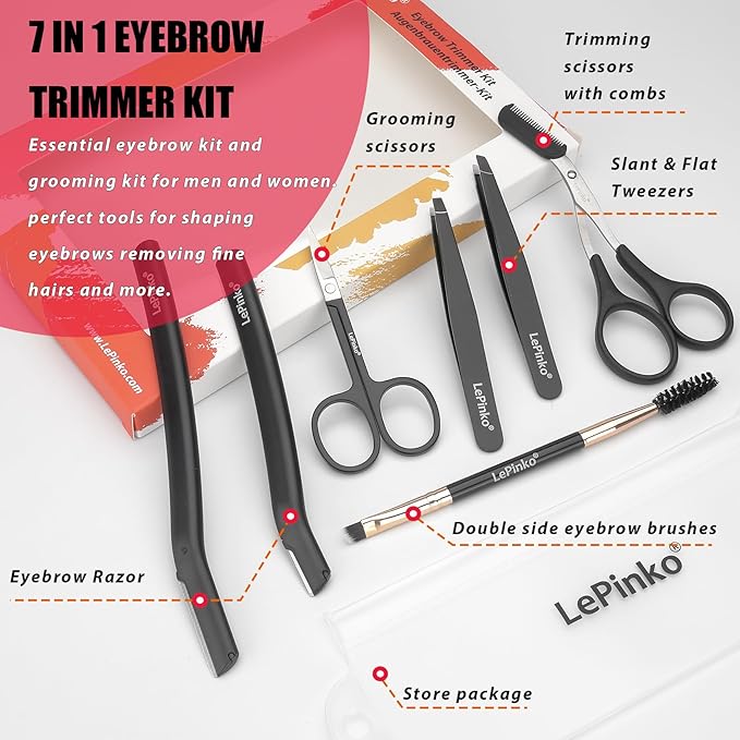 Eyebrow Trimmer Kit, 7 in 1 Eyebrow Scissors, Tweezer, Razor, Gromming Scissors Brush for Women Men, Gifts for Stocking Stuffers - Black