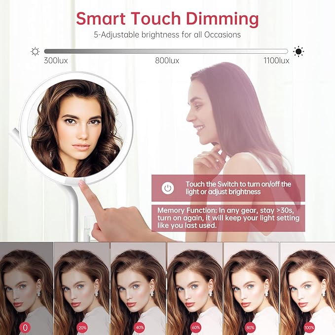 AMIRO 8'' LED Makeup Mirror, 5-Level Brightness/Touch Screen Control/Memory Function/180° Rotation/Detachable Small 5X Magnification Mirror