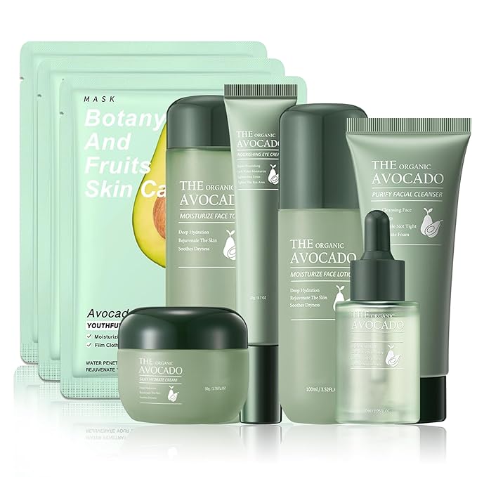 Avocado Skincare Set,Hydrating Travel Size Avocado Face Wash,Moisturizing Face Toner & Face Serum & Face Cream,Eye Cream Skin Care Gift Set for Women（9PCS)
