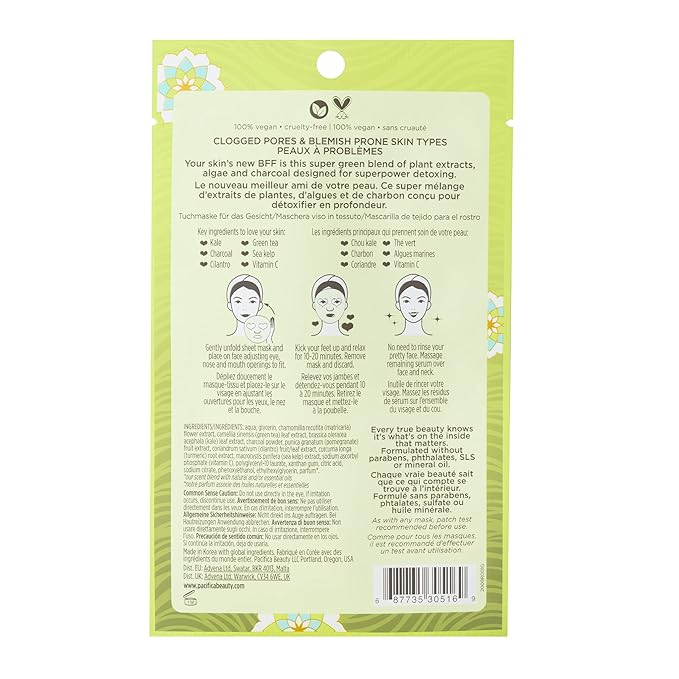 Pacifica Beauty Super Green Tea Detox Kale & Charcoal Facial Sheet Mask for All Skin Types, Vegan & Cruelty Free, 0.67 Fl Oz (Pack of 5)
