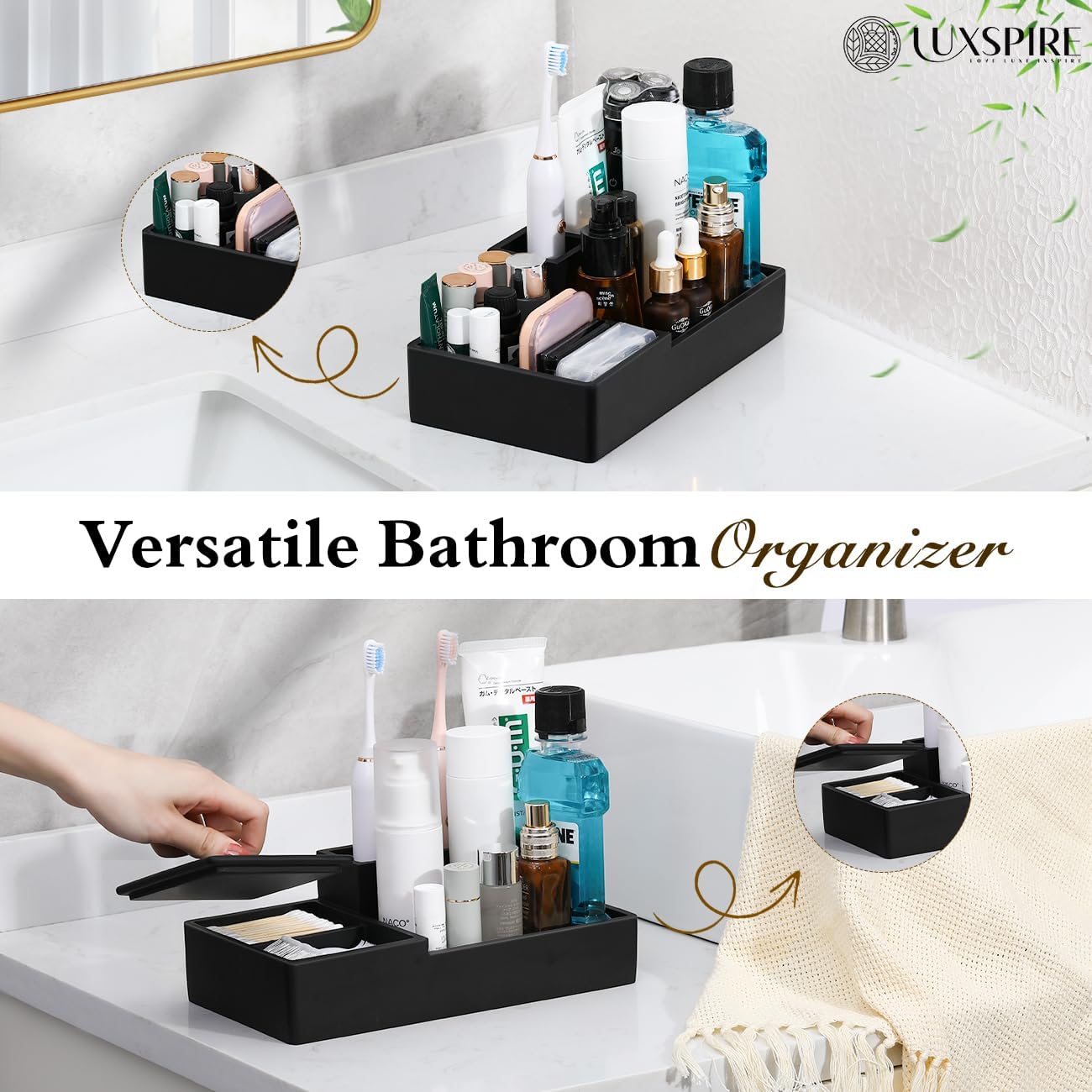 Luxspire Bathroom Counter Organizer - 5 Slot Toothbrush Holder with Lid for Cotton Balls, Q-Tips, Floss - Matte Black