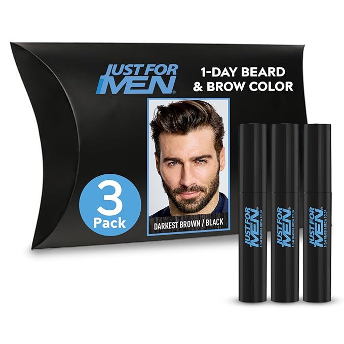 Just for Men 1-Day Beard & Brow Color, Temporary Color for Beard and Eyebrows, For a Fuller, Well-Defined Look, Up to 30 Applications, Darkest Brown/Black, Ships in Eco-Friendly Packaging (Pack of 3)