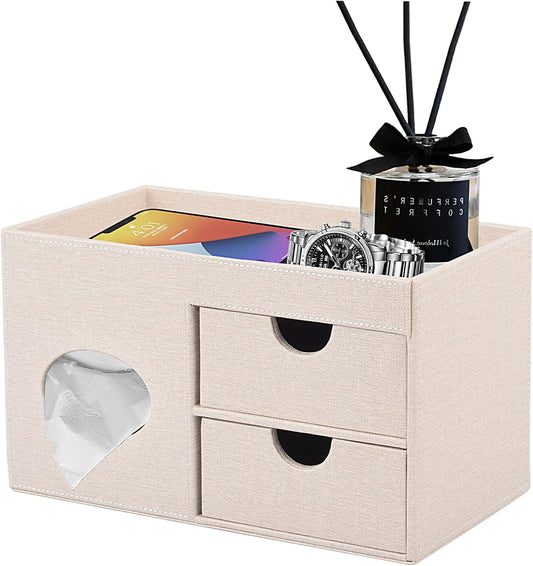 Square Tissue Box Cover with Drawers,Tissue Box Holder with Storage Tray, Makeup Organizer and Desk Organizer,Tissue Holders Decorative for Bathroom Vanity NightStand Dressing Table (Beige)