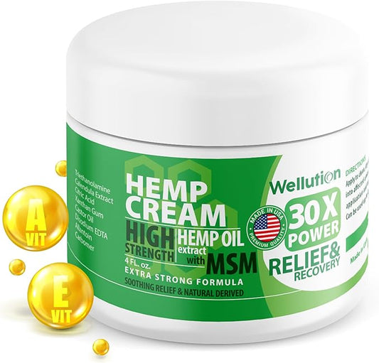 WELLUTION Hemp Cream x30 MSM – Extra Strength Hemp Seed Oil Massage Cream with Arnica & Menthol – Fast-Absorbing, Non-Greasy Formula for Everyday Relief & Mobility – 4 oz.