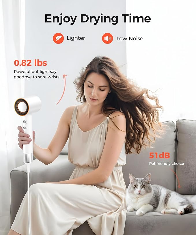 Hair Dryer, 150000 RPM High-Speed Blow Dryer with 500Million Negative Ions for Fast Drying, Lightweight & Thermo-Control, Hair Dryer with Diffuser and Nozzle, Ideal for Salon & Travel, White