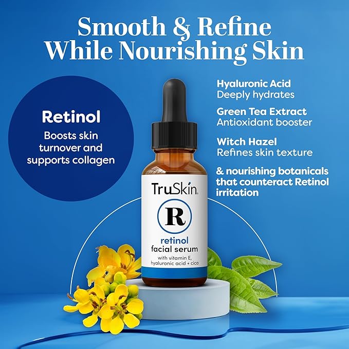 TruSkin Retinol Serum for Face – Gentle, Skin Friendly Anti-Aging Retinoid with Hyaluronic Acid, Cica & Vitamin E – Retinol Facial Serum for Smoother-Looking Skin & Improved Texture, 2 Fl Oz