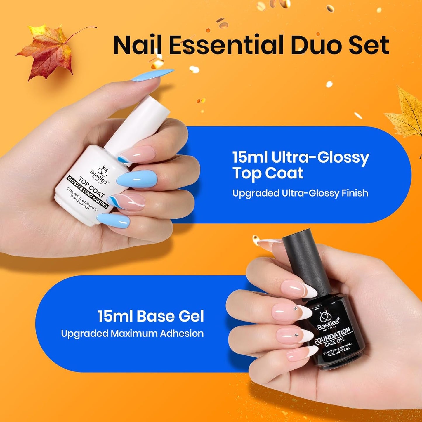Beetles 2Pcs 15ml Base and Top Coat Set - Upgrade No Wipe Extra Glossy Gel Top Coat Finish for Gel Nail Polish, Soak Off UV/LED Lamp Needed, Essentials for Long-Lasting Manicure Halloween Kit