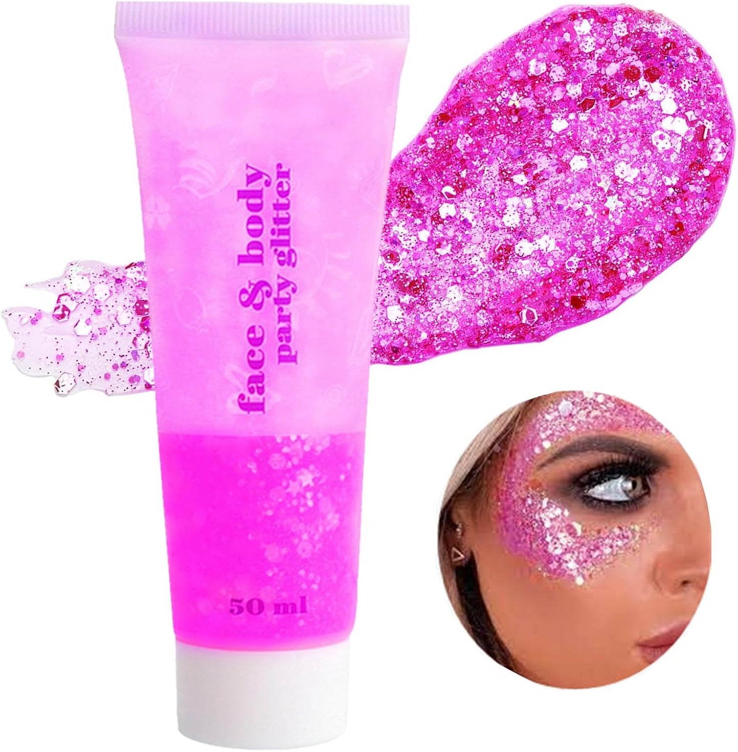 Go Ho Hot Pink Face Body Glitter Gel,Singer Concerts Hot Pink Face Paint Makeup,Holographic Chunky Sequins Glitters for Eye Lip Hair Nails,Festival Rave Accessories,52g