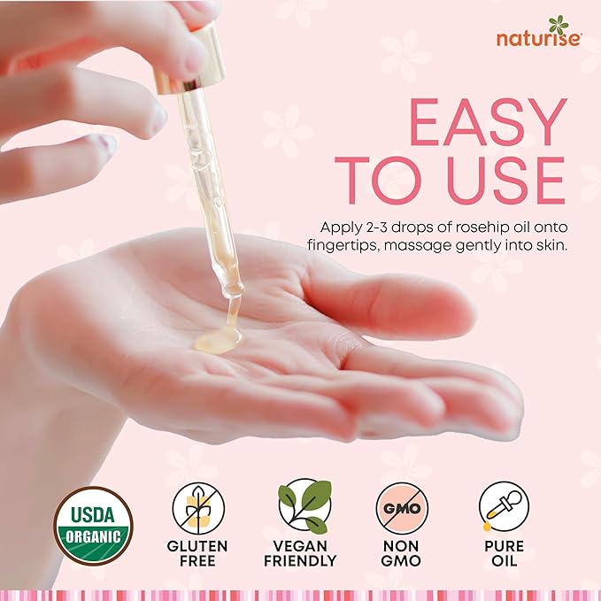 Organic Rosehip Seed Oil for Face, 100% Pure, Natural Cold Pressed Rose Hip Oil for Skin, Hair, Nails and Body Care (4 FL. OZ.)