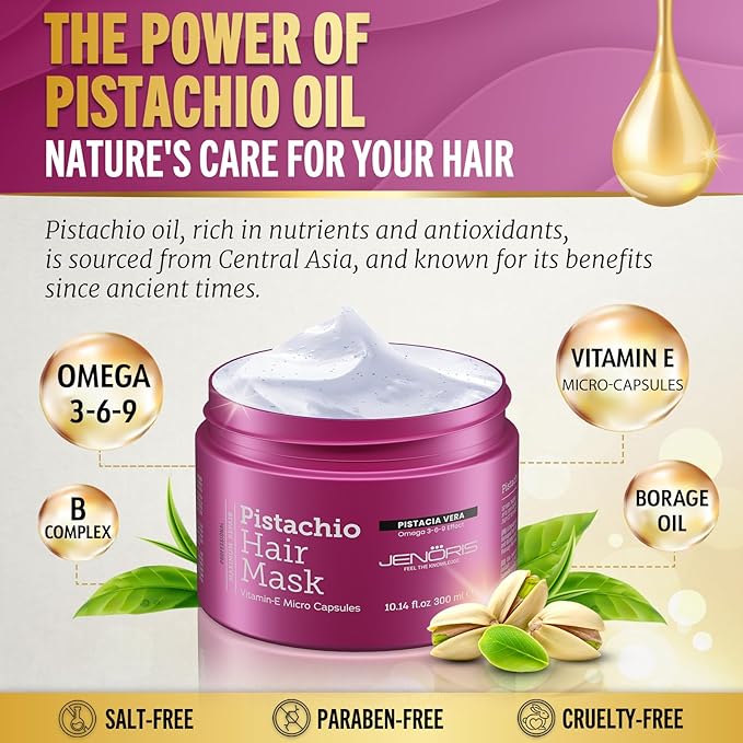 Jenoris Pistachio Hair Mask for Dry Damaged Hair – Deep Conditioning Hair Mask Treatment with Pistachio Oil & Vitamin E, For Color-Treated Hair, For Hair Repair, Paraben & Salt Free, 10.14 Fl Oz