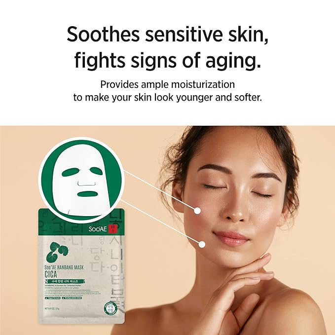 Soo'AE Hanbang Mask Cica [12 Count] Best For Dry & Dehydrated Skin, Vegan, 10 Traditional Herb Extracts, Soothing & Calming, Premium Quality, Korean Skincare, Self Home Care, 12 Value Pack