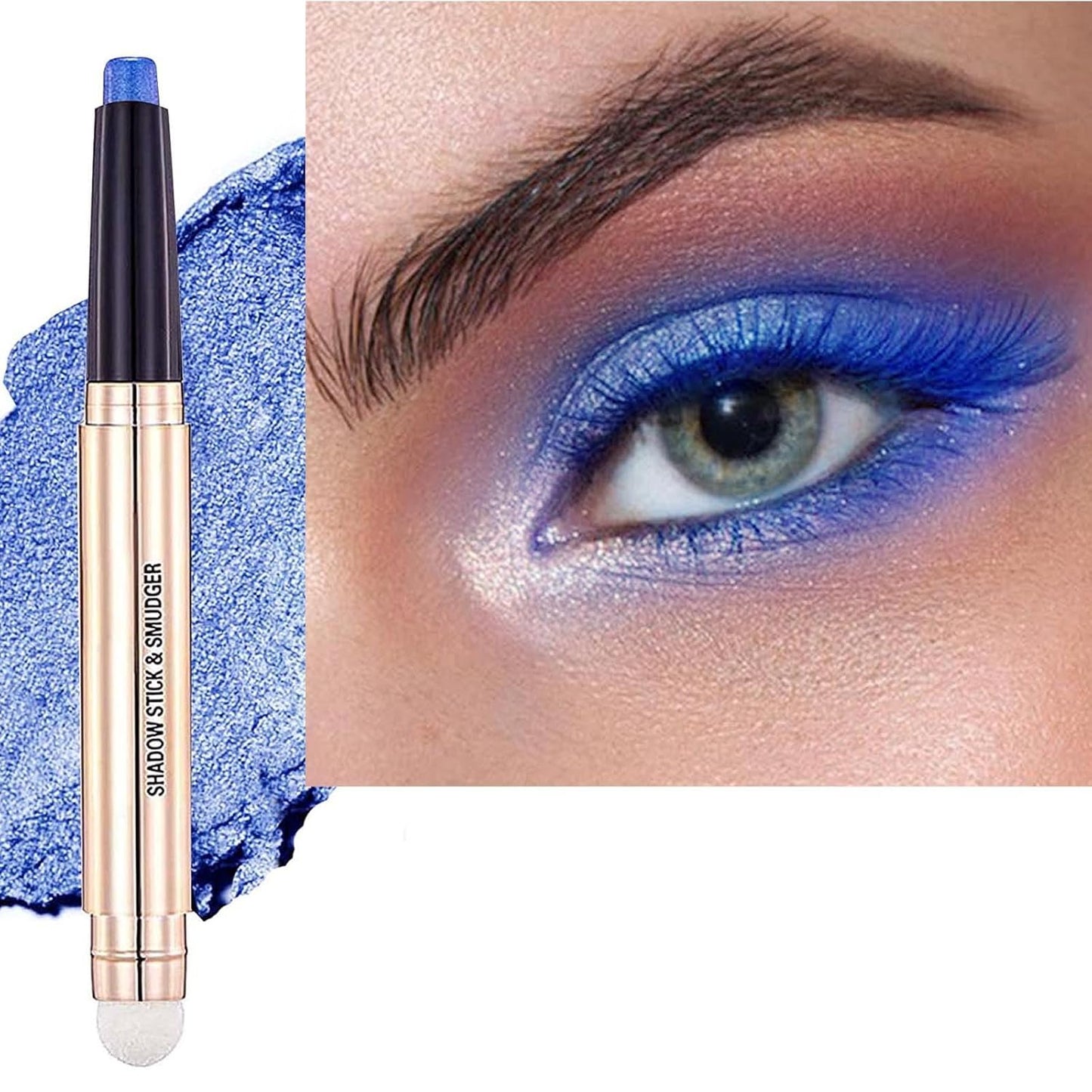 2 in 1 blue Eyeshadow stick and Sponge Makeup Brush, Smooth Cream Shimmer Shadow Pencil Long Lasting Waterproof Eye Shadow Highlighter Stick Makeup , Hypoallergenic Eyeshadow, Highlighter Eye Liner
