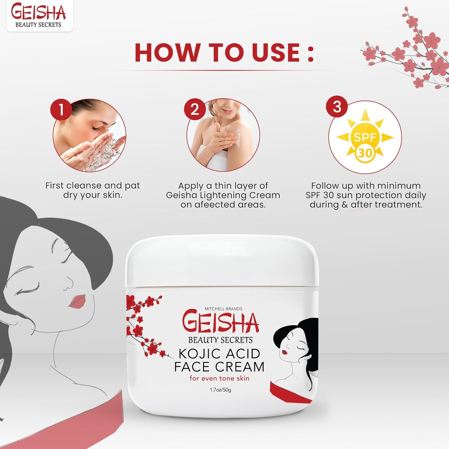 Geisha Kojic Acid Cream - 1.7 fl oz / 50 ml - Skin Brightening Cream for Face, Body, Hands - with Glycolic Acid