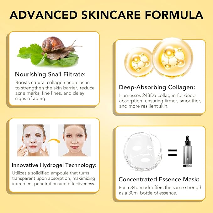 6 Pack Snail Mucin Glass Glow Hydrogel Face Masks Skincare, Snail Mucin Serum Face Mask Deep Hydrating for Women, Glass Skin Collagen Face Mask Korean Skincare for All Skin Types