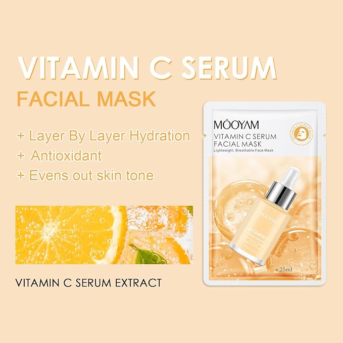 Face Masks Skincare, 6 Pack Vitamin C Serum Sheet Masks - Hydrating & Smoothing, Moisturizing & Nourishing for All Skin Types