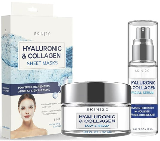 Hyaluronic & Collagen Beauty Value Set - Serum, Moisturizer & Face Masks