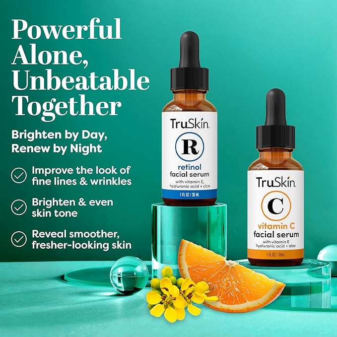 TruSkin Face Serum Duo – Vitamin C Serum & Retinol Serum for Face – AM & PM Anti Aging Skincare Routine – Brightening & Smoothing Facial Serums, 1 fl oz Each