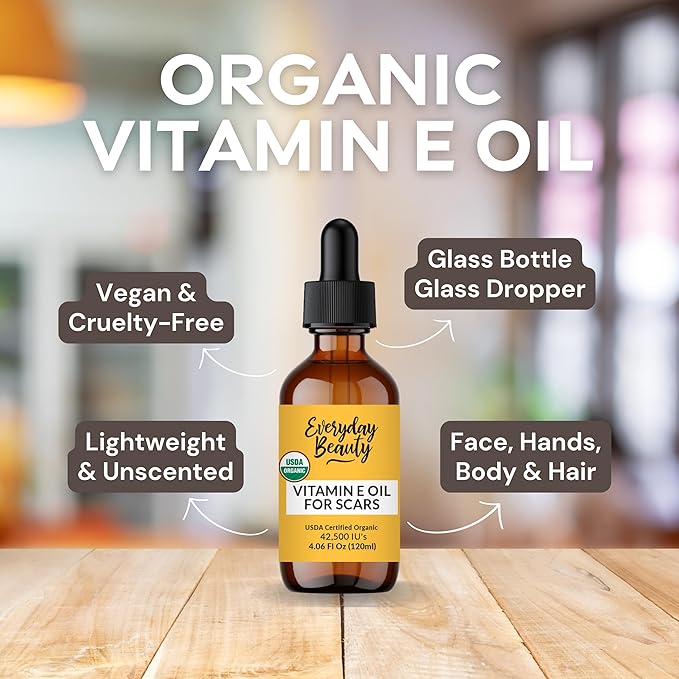 Organic Vitamin E Oil for Scars - All Natural & Vegan Skin Moisturizer 4.06oz - Light & Unscented Great for Scars After Surgery - Reduce Wrinkles, Anti Aging, Lighten Dark Spots -Face, Skin & All Over
