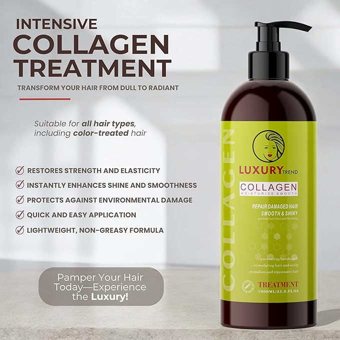 Collagen Hair Mask for Damaged Hair - Intense Hydration and Repair Formula, Boosts Growth and Thickness - Perfect for Both Curly and Dry Types, 33.8 oz