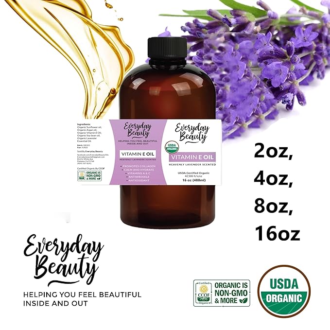 Organic Vitamin E Oil - Heavenly Lavender Scented 16 oz Bulk USDA Certified 100% All Natural Plant Based - Lightweight and Great for Scars After Surgery - For Face, Skin and Nails
