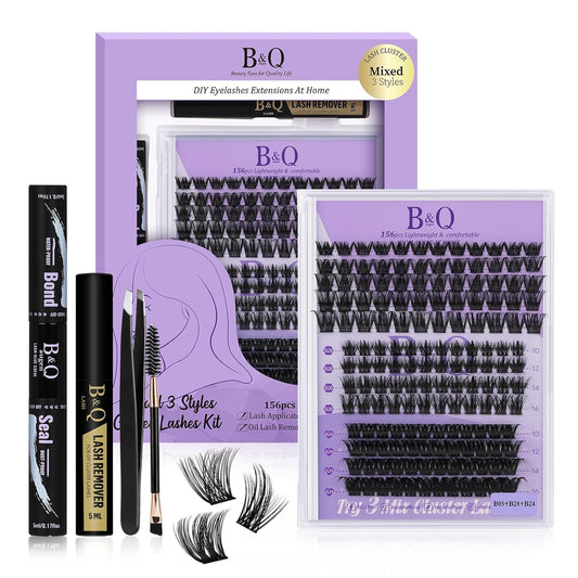 B&Qaugen Lash Extension Kit B05+B28+B24 Eyelash Extension Kit B&Q DIY Lash Extension Kit 156 PCS Lash Clusters 8-18mm Cluster Eyelash Extensions Kit with Lash Bond and Seal (Kit,B05+B28+B24)
