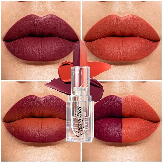 2 in 1 Burgundy Lipstick Matte Orange Lipstick Dual Sided Waterproof Lipsticks for Women One Stroke Two-Tone Long Lasting Lip Stick for Christmas Halloween,DU-F6