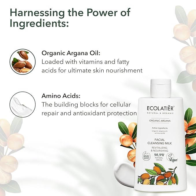 Facial Cleansing Milk, Tonic & Night Cream Bundle - Organic Argana Oil, Revitalizing, Nourishing, Anti-Aging, Hydrating, Vitamin E & C, Collagen Boost, Firming