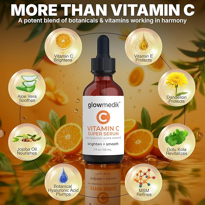 GlowMedik Vitamin C Serum for Face – Brighten + Smooth Vit C Serum with Hyaluronic Acid, Vitamin E & MSM, Hydrates & Firms Dull or Uneven Skin for a Radiant, Youthful-Looking Glow, 60ml