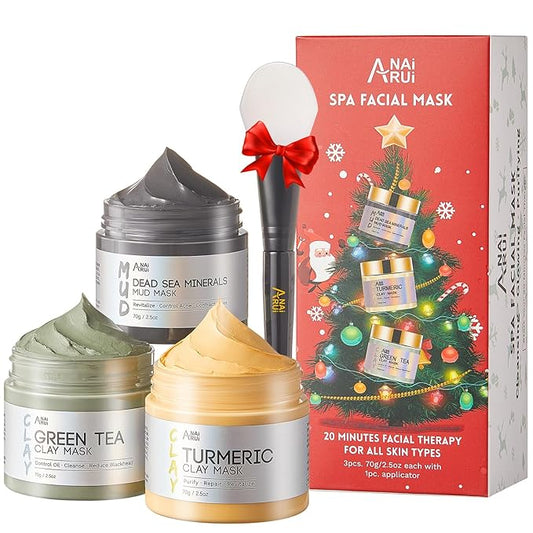 ANAI RUI Face Mask Gift Set, Turmeric Clay Mask - Green Tea Clay Mask - Dead Sea Minerals Mud Mask, Spa Facial Mask Set, Face Mask Gift Set 2.5 oz each
