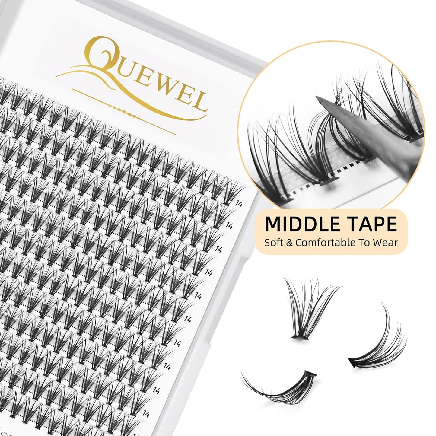 QUEWEL Cluster Lashes 240Pcs Individual Lashes 20D 0.07D Curl 14mm Knot-Free Lash Extensions Clusters Lashes Soft&Natural False Eyelashes Individual DIY Eyelash Extension at Home(20D 0.07D 14)