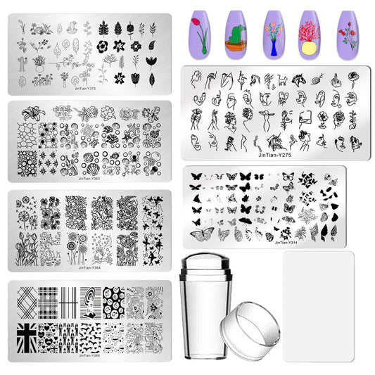 AddFavor Nail Stamper Kit - 6pcs Flower Lace Vine Stamping Plates with Silicone Stamper, Scraper & DIY Manicure Stencils