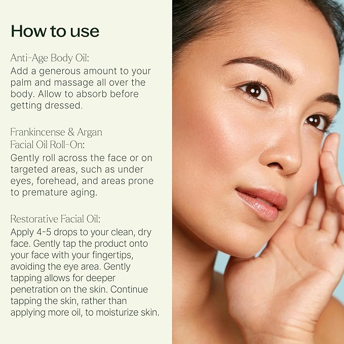 Plant Therapy Anti Age Bundle Including Frankincense & Argan Facial Oil Roll-On (10 mL), Restorative Facial Oil (30 mL), & Anti Age Body Oil (4 oz)